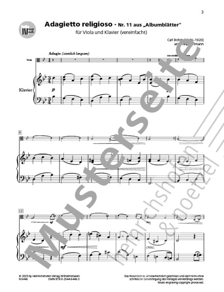 Adagietto religioso, No. 11 from "Albumblätter" | Carl Bohm | Heinrichshofen publishing house