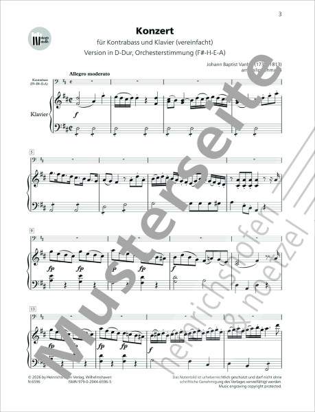 Concerto | D Major for double bass and piano | Johann Baptist Vanhal | Heinrichshofen publlishing house