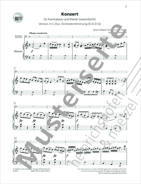 Concerto | C Major for double bass and piano | Johann Baptist Vanhal | Heinrichshofen publishing house